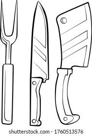 
Sketch of barbecue knives. The ability to use in the design of menus, interiors, prints on clothes and much more. Vector illustration.