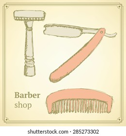 Sketch barber set in vintage style, vector
