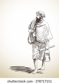 Sketch of barefoot walking pilgrim, Hand drawn illustration