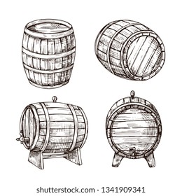 Sketch Barrels. Whiskey Oak Casks. Wooden Wine Barrel In Vintage Engraving Style. Bar, Pub And Brewery Vector Sign Isolated
