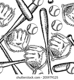 Sketch baseball ball, bat and glove, vintage seamless pattern 