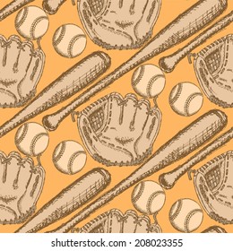 Sketch baseball ball, bat and glove, vintage seamless pattern 