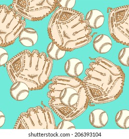 Sketch baseball ball and glove, vintage seamless pattern 