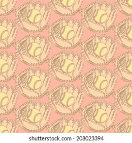 Sketch baseball ball and glove, vintage seamless pattern 