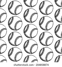 Sketch Baseball Ball, Vector Vintage Seamless Pattern