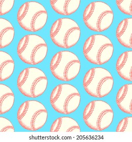 Sketch baseball ball, vector vintage seamless pattern