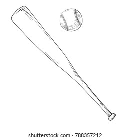 Sketch of a baseball bat and ball isolated on white background. Vector.