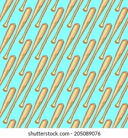 Sketch baseball bat, vector vintage seamless pattern 