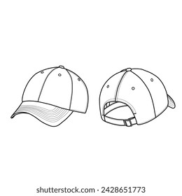 Sketch of baseball cap, tennis cap, and running hat vector illustration. Outline vector doodle illustration, front, and back view.
