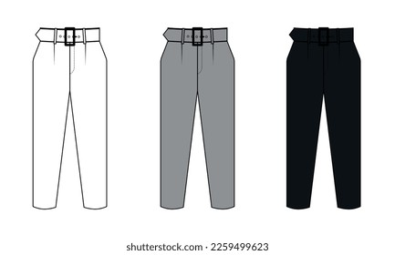 Sketch of basic pants with belt and pockets, vector. Set of patterns Trousers in white gray and black colors. Stock Illustration Trendy pants outline isolate on white background.