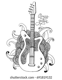 Sketch of bass guitar in a decorative cloud. Vector illustration.