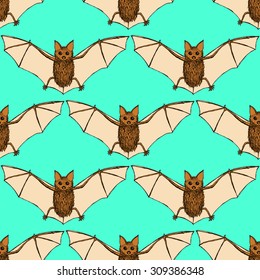 Sketch of bat in vintage style, vector seamless pattern