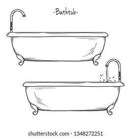 Sketch bath with faucet. Vector illustration in sketch style.