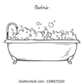 Sketch bath foam and rubber duck. Vector illustration in sketch style.