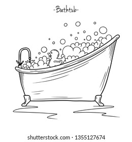 Sketch bath foam and rubber duck. Vector illustration in sketch style.