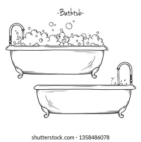 Sketch bath foam and rubber duck. Vector illustration in sketch style.