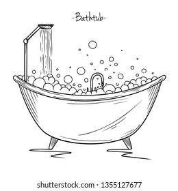 Sketch bath with tap and foam. Vector illustration in sketch style.