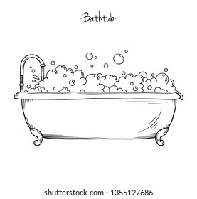 Sketch bath with tap and foam. Vector illustration in sketch style.