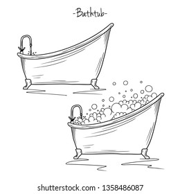 Sketch bath with tap and foam. Vector illustration in sketch style.