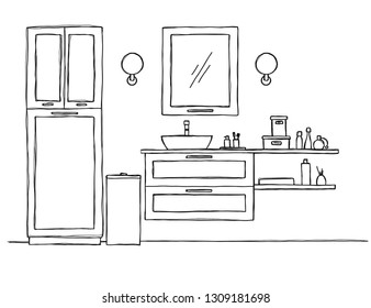 Sketch the bathroom. Bathroom furniture and washbasin. Vector