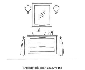 Sketch the bathroom. Bathroom furniture and washbasin. Vector