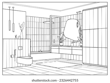 Sketch bathroom interior design. Vector outline drawing modern washroom, bathtub, sink, large mirror, fittings, sanitary ware, equipment, lighting. Line draw interior of a room for spa procedures. 