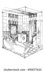Sketch bathroom interior perspective. Isometric Bathroom interior