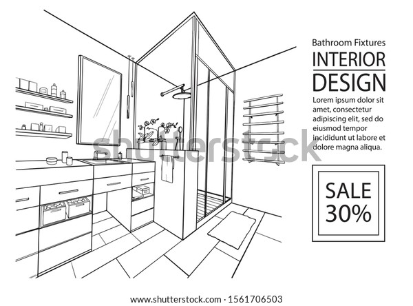 Sketch Bathroom interior.\
Bathroom plumbing. Hand drawing modern interior design bathroom.\
Angular perspective bathroom with shower cabin. Vector sketch\
illustration.