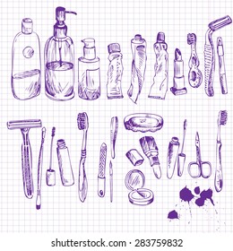 sketch of bathroom objects, cosmetics, perfumes, hygiene and manicure equipment  drawing by ink pen at paper from a school notebook, sketch icons set, hand drawn vectror elements