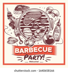 Sketch bbq. Hand drawn barbecue grilled food, ribs and sausages, chicken and steaks, fish and vegetables. Vintage summer traditional outdoor picnic poster vector background