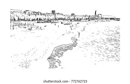 Sketch of beach Barcelona, Spain in vector illustration.