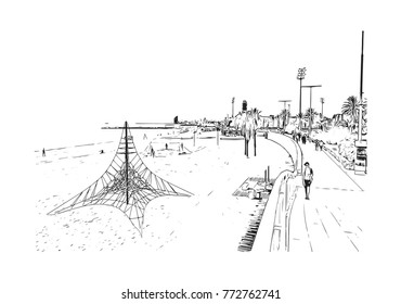 Sketch of beach Barcelona, Spain in vector illustration.