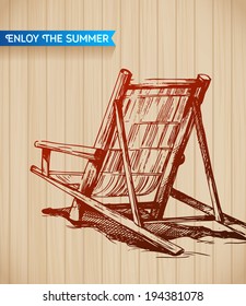 Sketch beach lounger chair of bamboo strips with ribbon on wood background