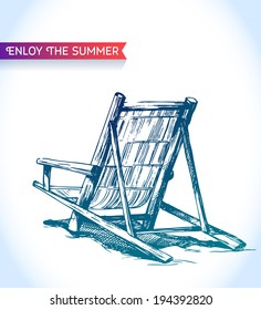 Sketch Beach Lounger Chair Of Bamboo Strips With Ribbon On Paper Background