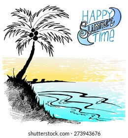 Sketch of a beach with a palm tree on a colored background