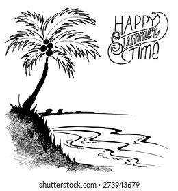 Sketch of a beach with a palm tree on a white background