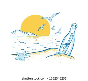 Esbozar la playa con estrella marina, gaviota y mensaje en la botella. Amanecer o atardecer. El fondo romántico de verano en tonos azules y amarillos. Ilustración vectorial dibujada por mano