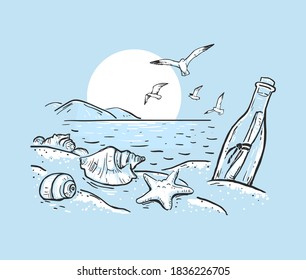 Sketch beach with seashells, sea star and message in the bottle. Marine romantic background in blue, black and white colors. Hand drawn vector illustration. Design for t-shirt print, cover, poster