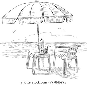 Sketch of a beach umbrella on the seashore