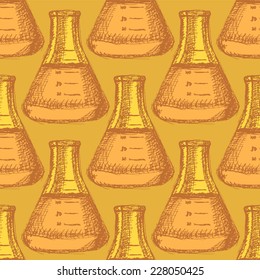 Sketch beaker in vintage style, vector seamless pattern