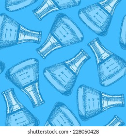 Sketch beaker in vintage style, vector seamless pattern