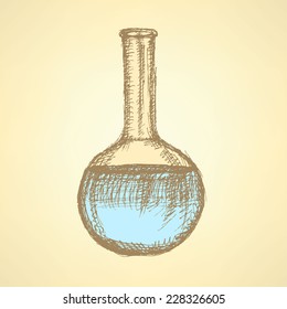 Sketch beaker in vintage style, vector background 
