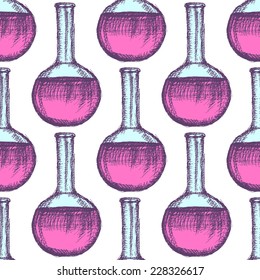 Sketch beaker in vintage style, vector seamless pattern 