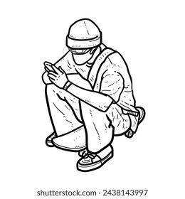 Sketch beanie boy or man or guy with shirt long pants laying on skateboard with check his smartphone handphone on white Background vector modern illustration