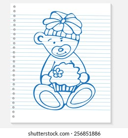 Sketch bear with cake on a notebook 