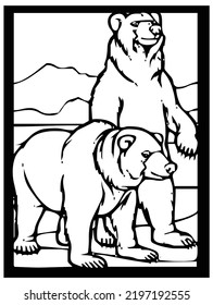 Sketch of a bear on a black and white background in a frame for comics or learning to color for children.