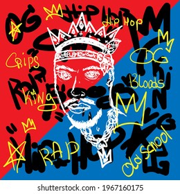 Sketch of bearded man with crown on abstract background with handwritten text. Hip-hop poster, rap print. Drawn by hand. Vector illustration.