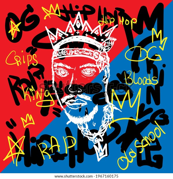 Sketch of bearded man with crown on\
abstract background with handwritten text. Hip-hop poster, rap\
print. Drawn by hand. Vector\
illustration.