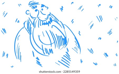 Sketch of a bearded man in a hat on a white background. Vector illustration in blue marker hand drawn style. The concept of a biker, wizard, bum, hipster.