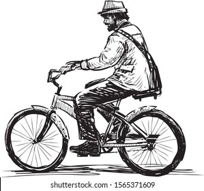 Sketch of bearded man in hat riding a bicycle